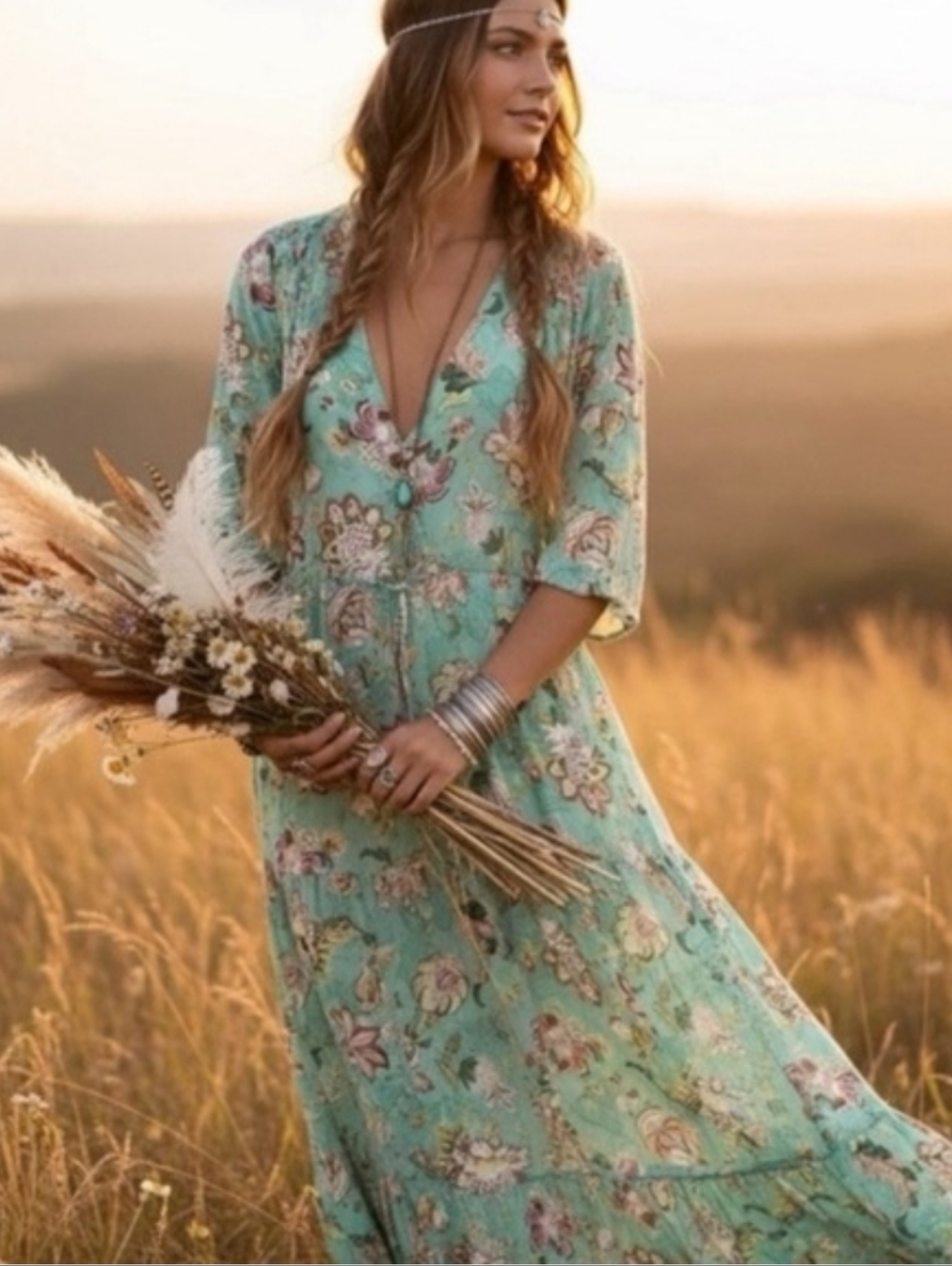 Sunday Mi Amour Mint Floral Maxi Dress Size XS Bohemian